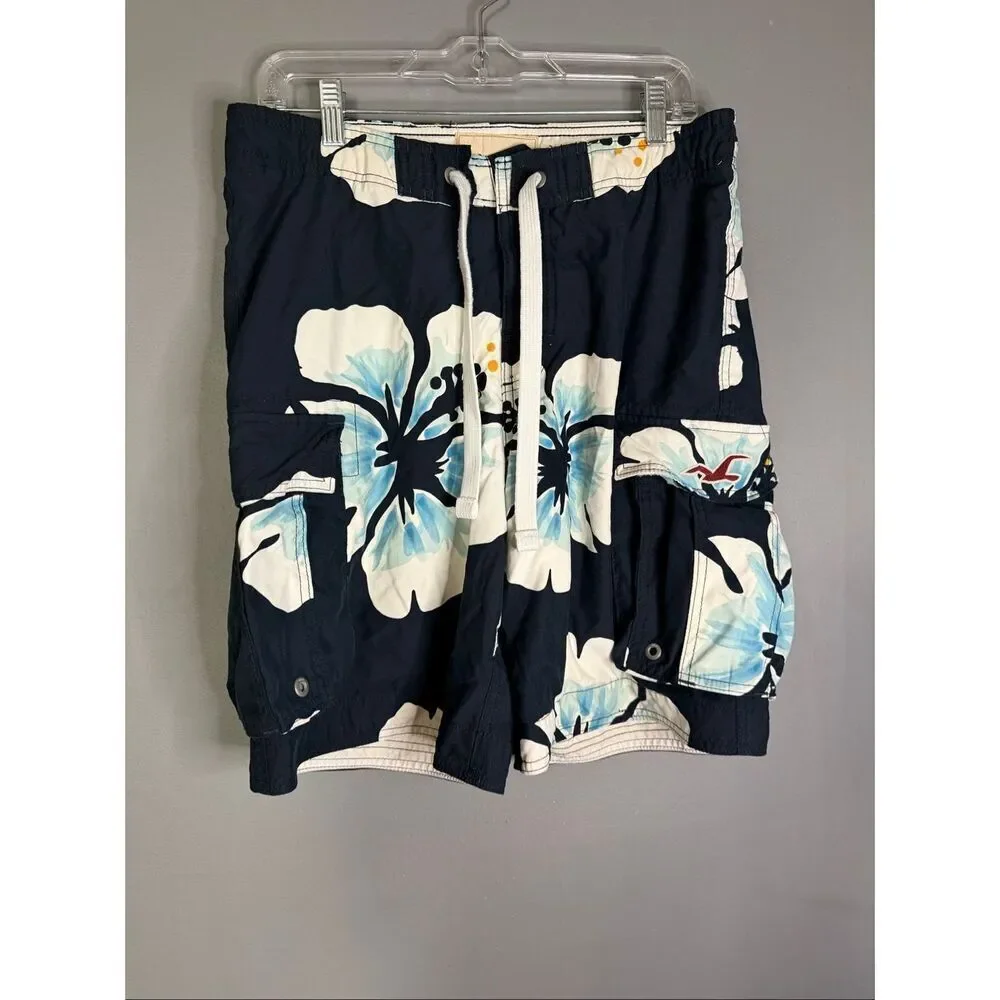 Hollister Navy Blue White Floral Cargo Swim Trunks Hawaiian Board Size 30